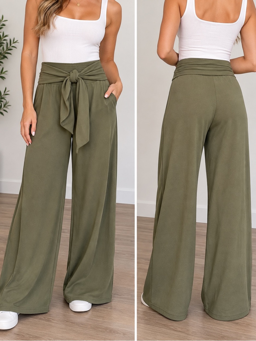 Revamped Olive Green Wide-Leg Pants with Tie Waist – Size M